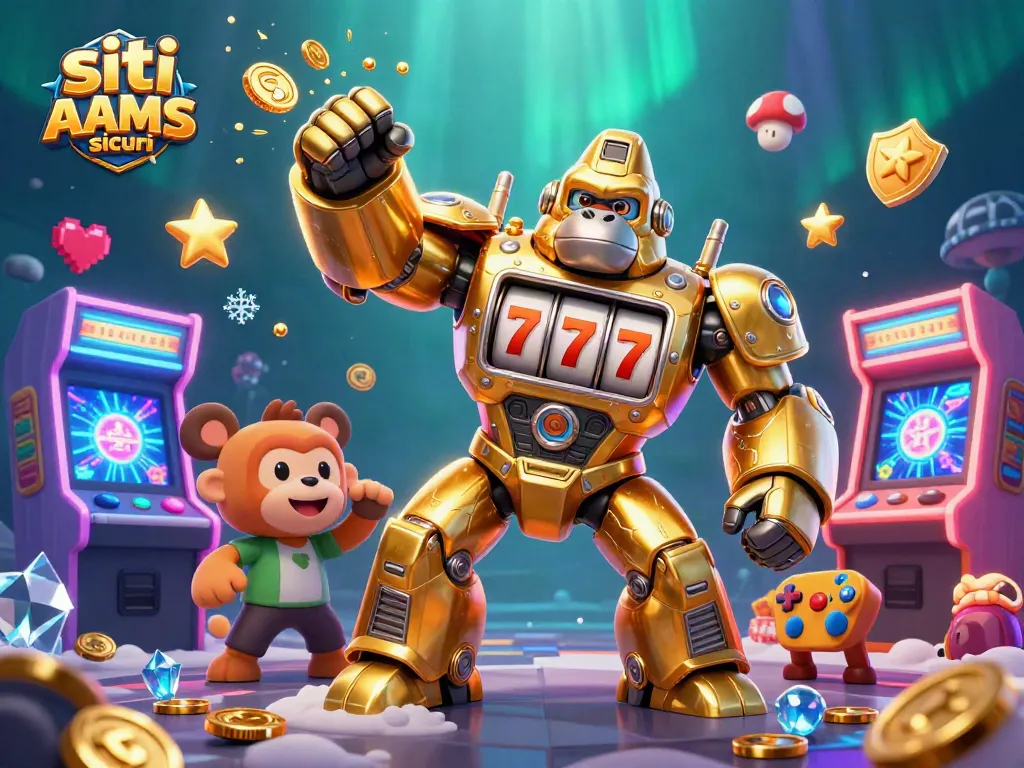 Esplora i siti non AAMS sicuri con un'affascinante illustrazione 3D del gorilla mech dorato che sbanca i jackpot.