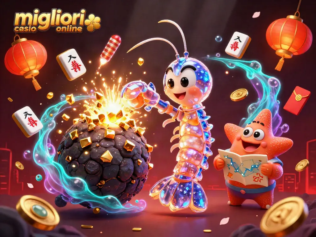 I migliori casino online presentano un'illustrazione 3D di un gamberetto samurai galattico mentre esplode asteroidi in oro e gemme.
