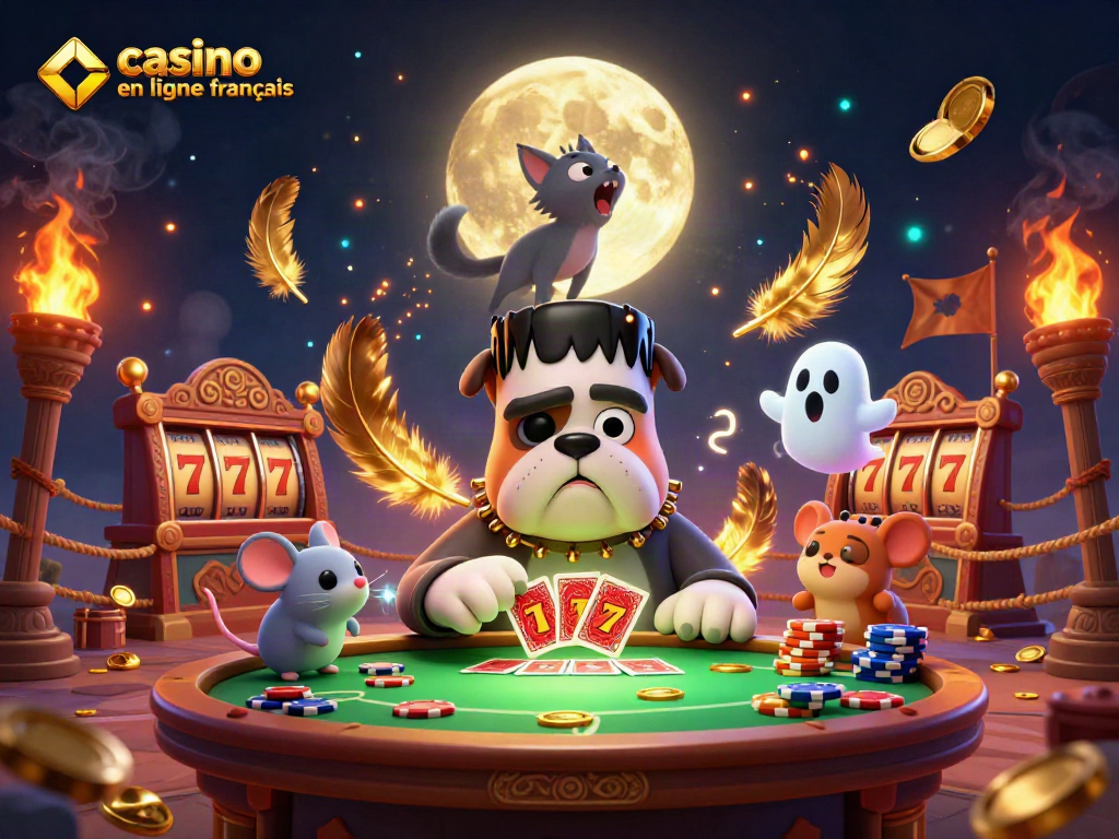 Jouer aux jeux dans un casino en ligne français avec un bulldog Frankenstein et un chat loup.