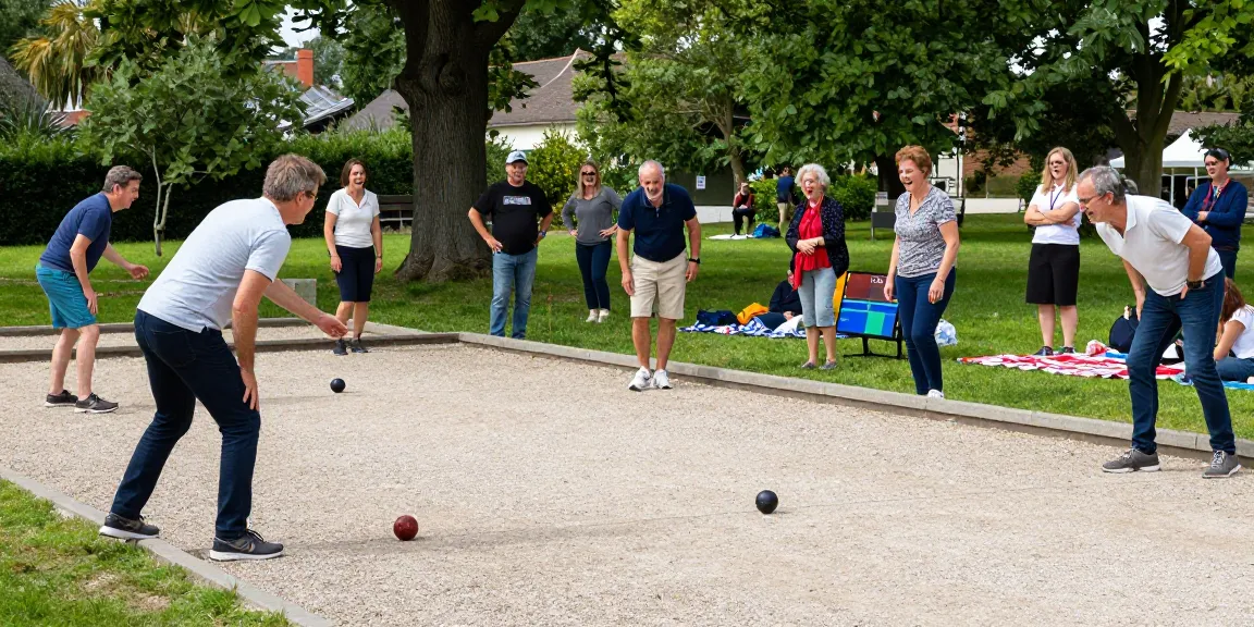Aktivitas petanque di fopikotapalu.org, pemain bersaing di taman dengan suasana ceria.