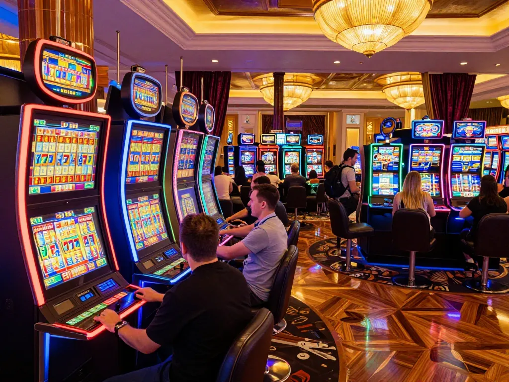 Excited players spin the 777 slot machines in a colorful casino atmosphere, showcasing vibrant gaming experience.