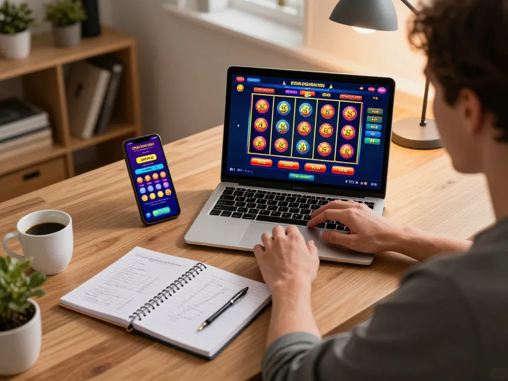 Engaging online gaming scene showing depo 25 bonus 25 promotion on laptop screen with strategic notes.