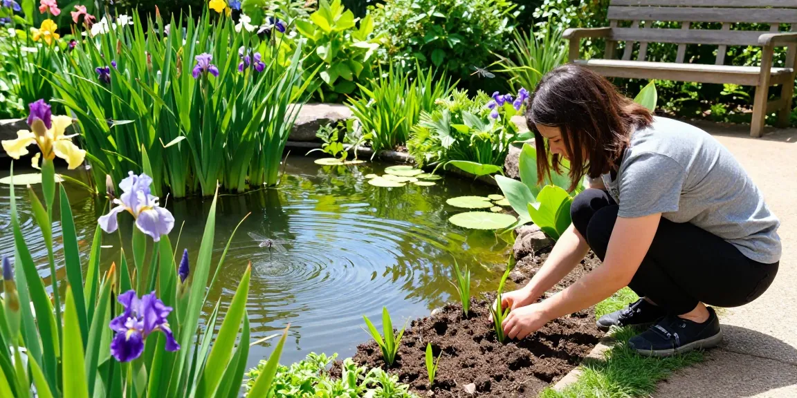 Marginal Pond Plants being planted by a garden enthusiast beside a serene pond, showcasing aquatic flowers and lush greenery.