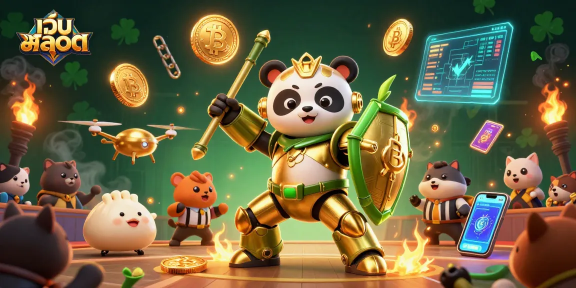 Experience เว็บสล็อต action with a mech-suit panda in a lively arena filled with crypto elements.