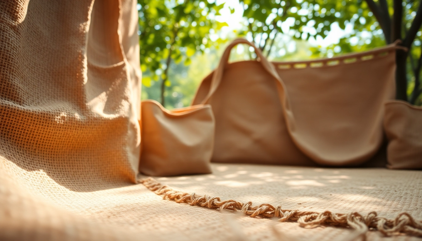 Jute producten in een natuurlijke setting met focus op textuur en duurzaamheid.
