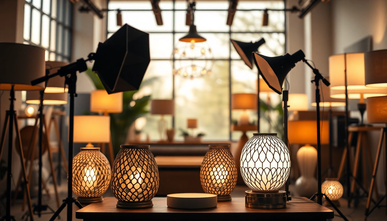 Showcase ELC Lamps Online with diverse lighting styles in a modern studio.