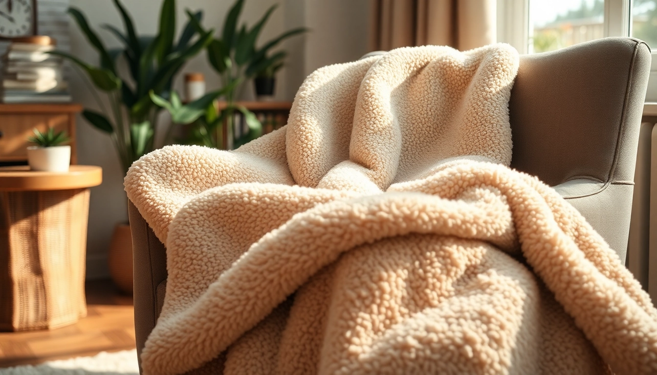 Fleece deken over een stijlvolle stoel in een warme woonkamer, met natuurlijk licht.