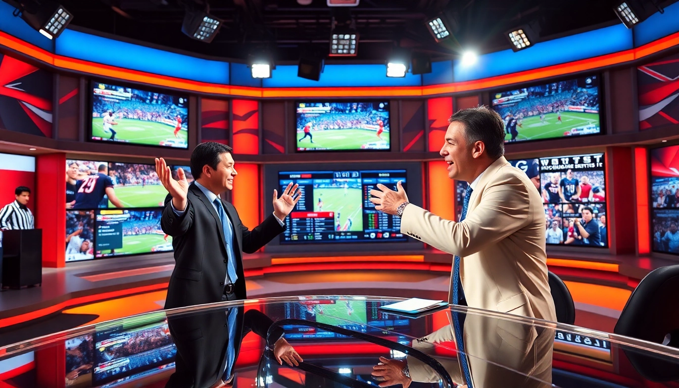 Captivating scene of sports broadcasting with hosts discussing live events and digital screens.