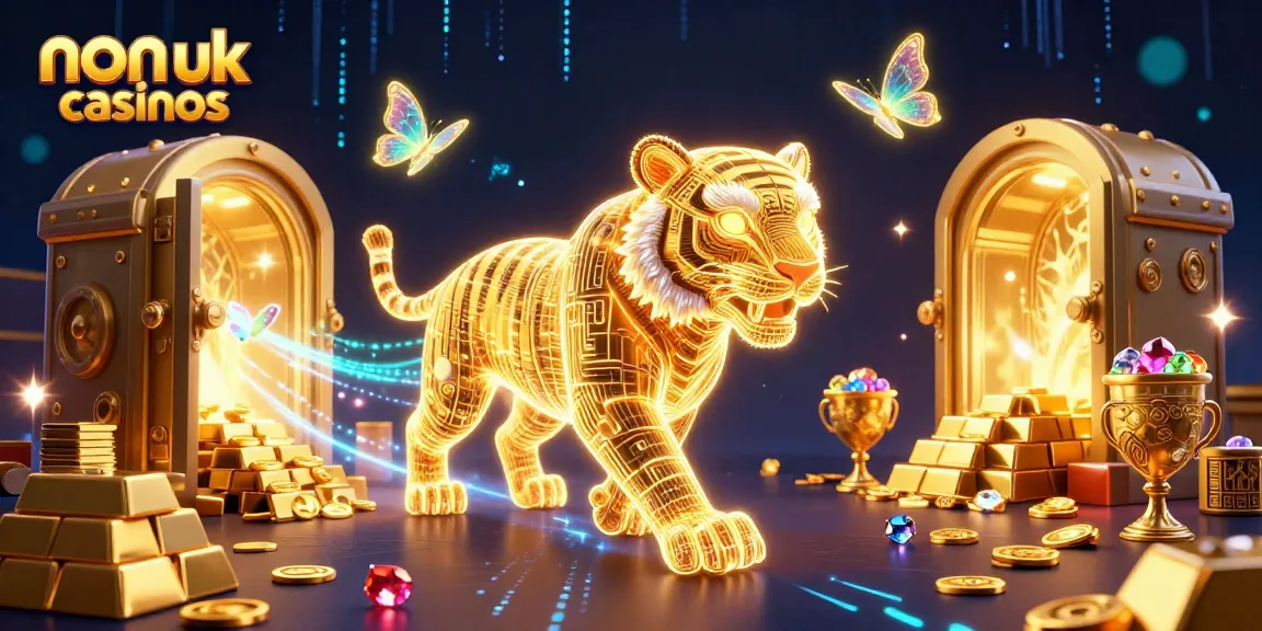 Experience thrilling non uk casinos featuring a vibrant 3D golden tiger in a digital landscape.