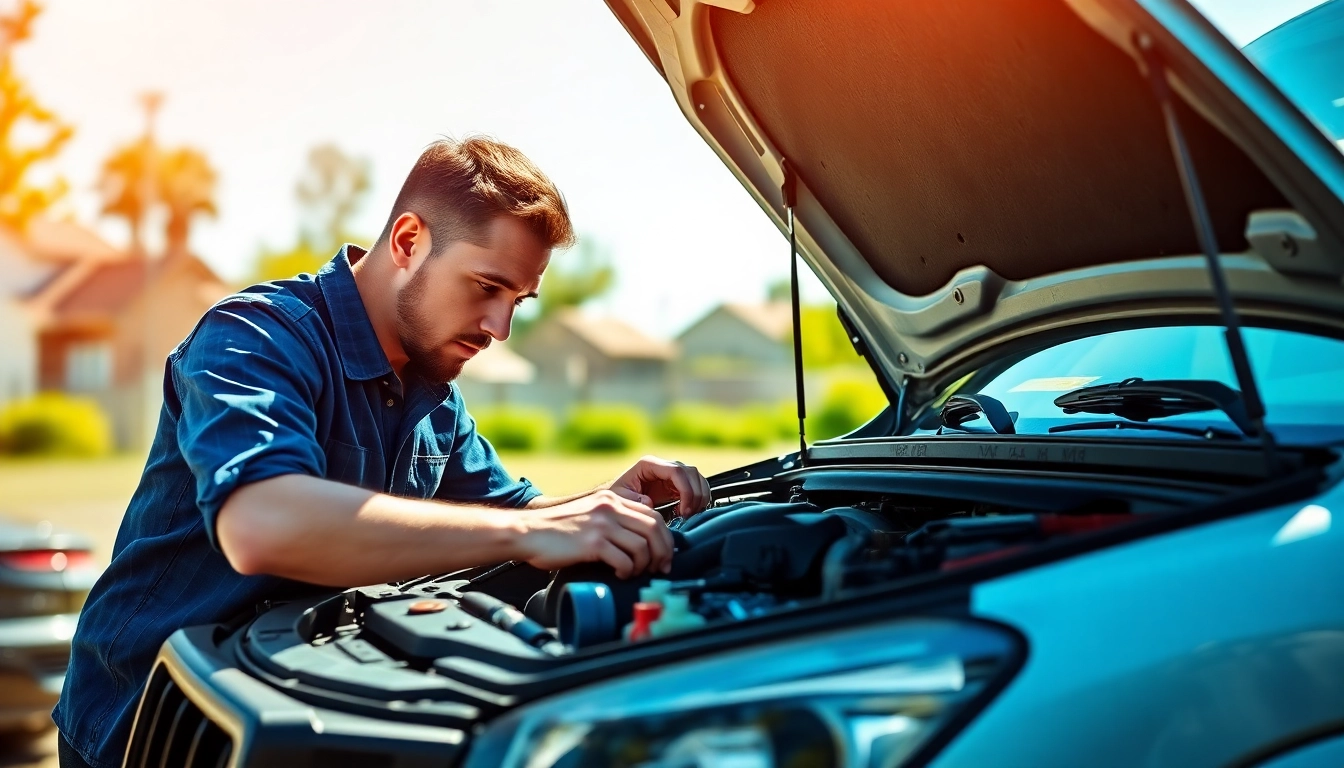 Mobile car repair technician servicing a vehicle outdoors, showcasing expert skills and tools.