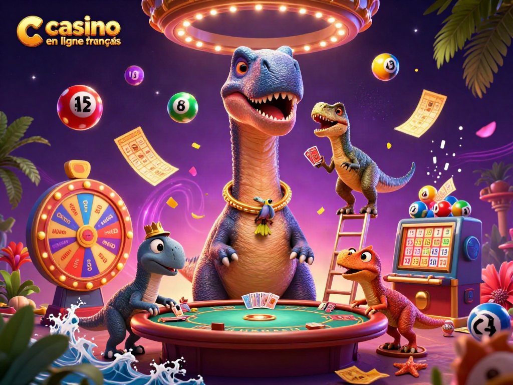 Jouez dans un casino en ligne français où un brontosaure géant observe une table de poker animée.
