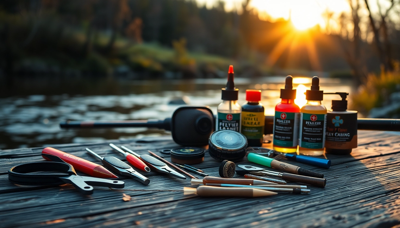 Showcase Fly fishing accessories on a scenic riverbank table, highlighting essential fishing tools.