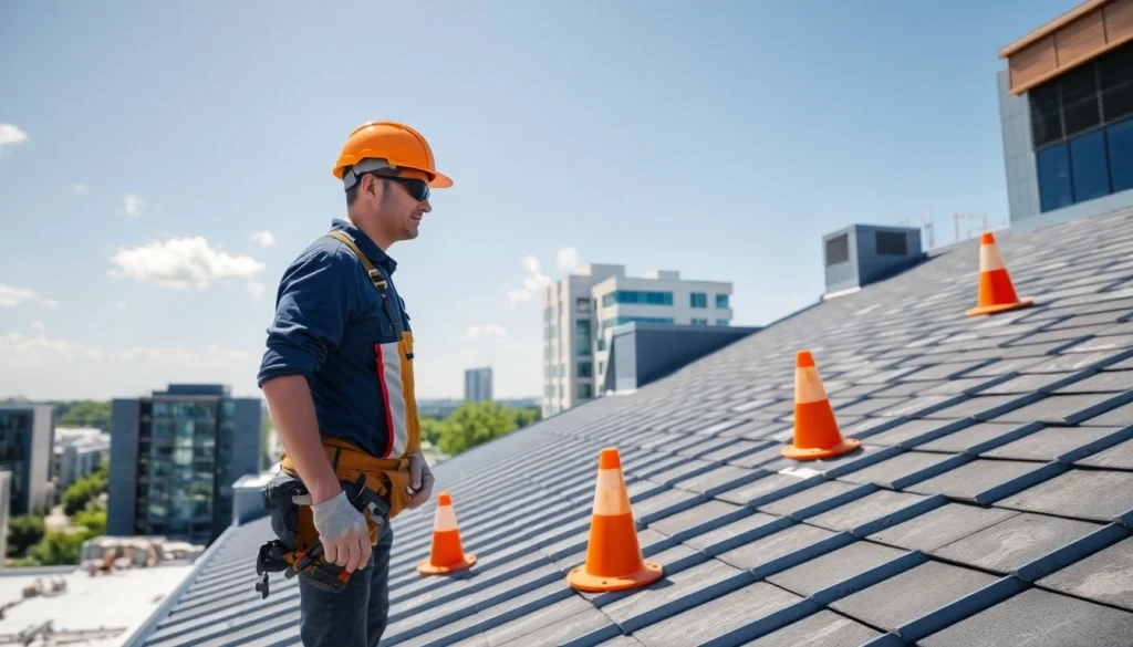 Inspecting commercial roofing services with a professional roofer and quality materials.