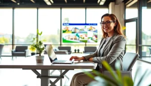 Real Estate agent advises clients in a vibrant modern office space with property listings.