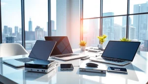 Showcase of technology devices on a polished desk in a vibrant office setting.