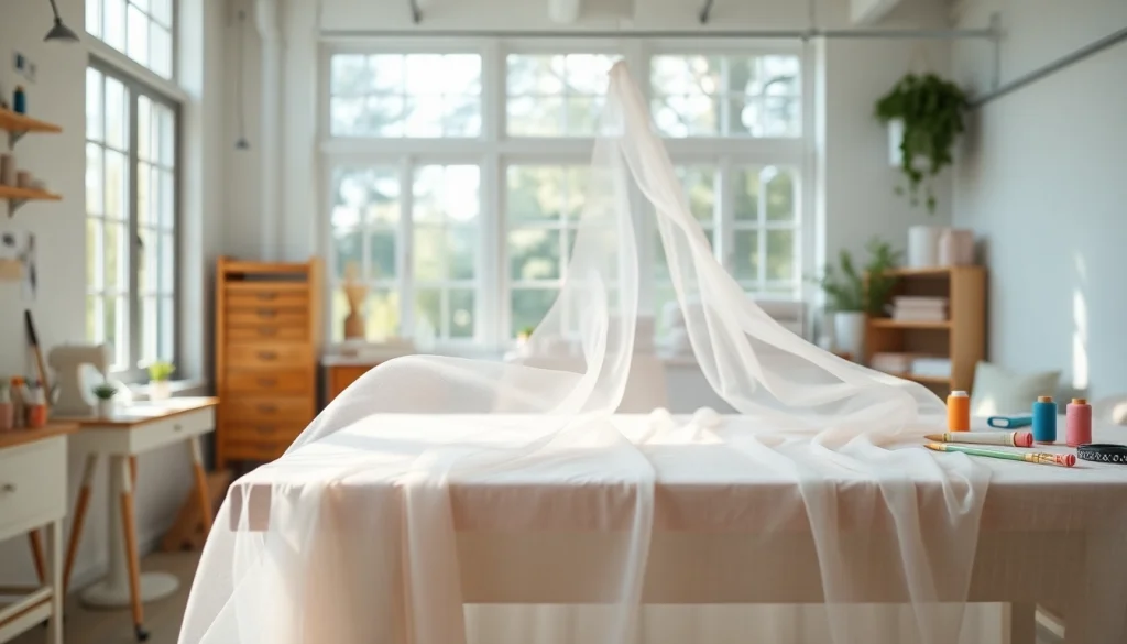 Mousseline stof in een lichte werkplek met kleurrijke garens en naaigereedschap.