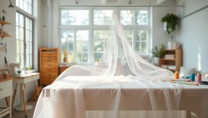 Mousseline stof in een lichte werkplek met kleurrijke garens en naaigereedschap.