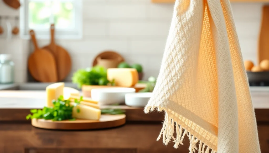 Kaasdoek tentoonstelt zijn textuur in een gezellige keuken met verse kaas en kruiden.