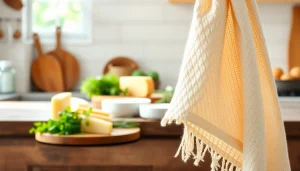 Kaasdoek tentoonstelt zijn textuur in een gezellige keuken met verse kaas en kruiden.