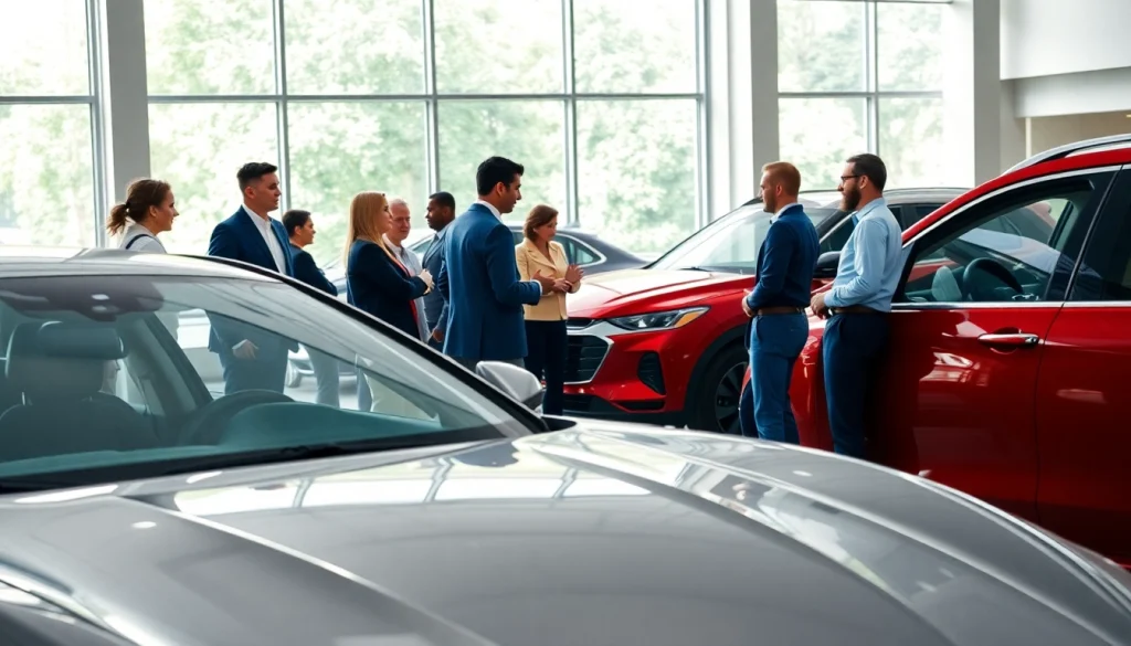 Buy a car: Engaging car dealership scene with diverse customers exploring vehicles.