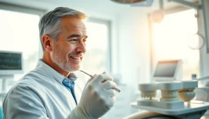 Dentist examining a patient in a bright clinic, showcasing professional care and a welcoming atmosphere.