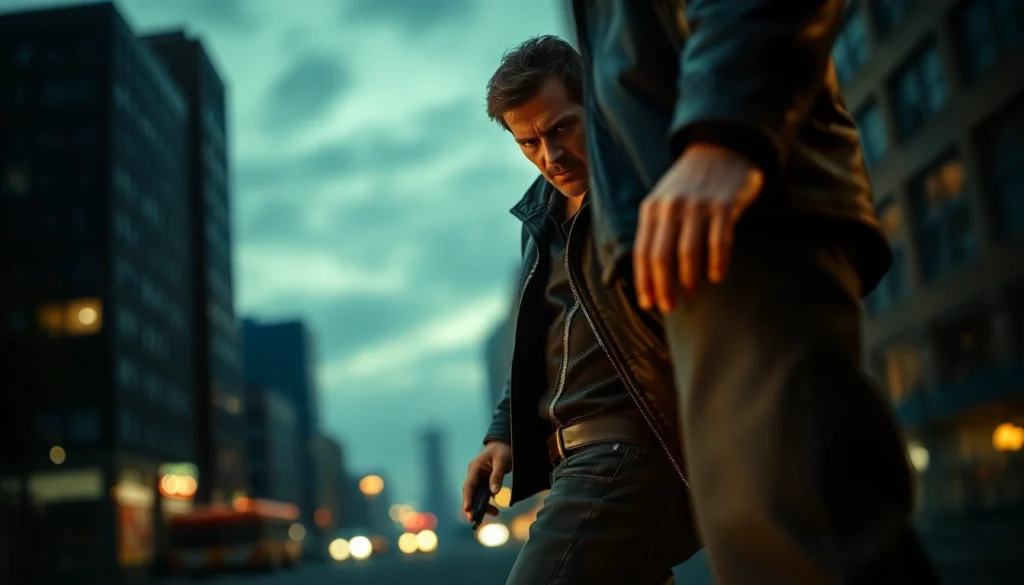 Intense action scene with a protagonist similar to Jack Reacher series in an urban standoff.