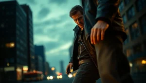 Intense action scene with a protagonist similar to Jack Reacher series in an urban standoff.