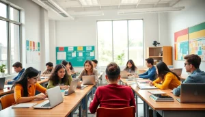 Engaged diverse students exploring various educational resources in a bright classroom setting.