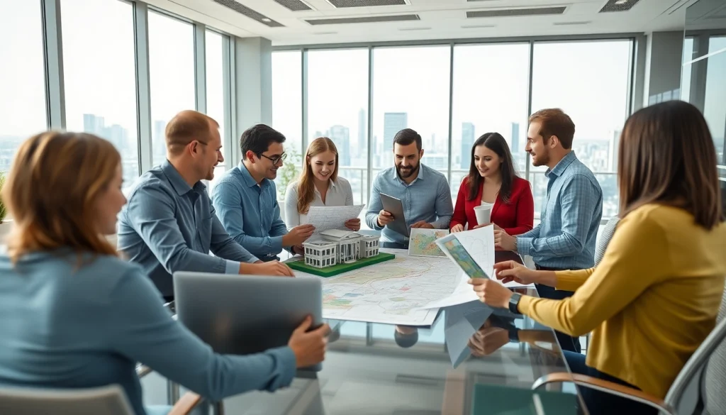 Engaging discussion on Real Estate & Logistics among a professional team in a modern office.