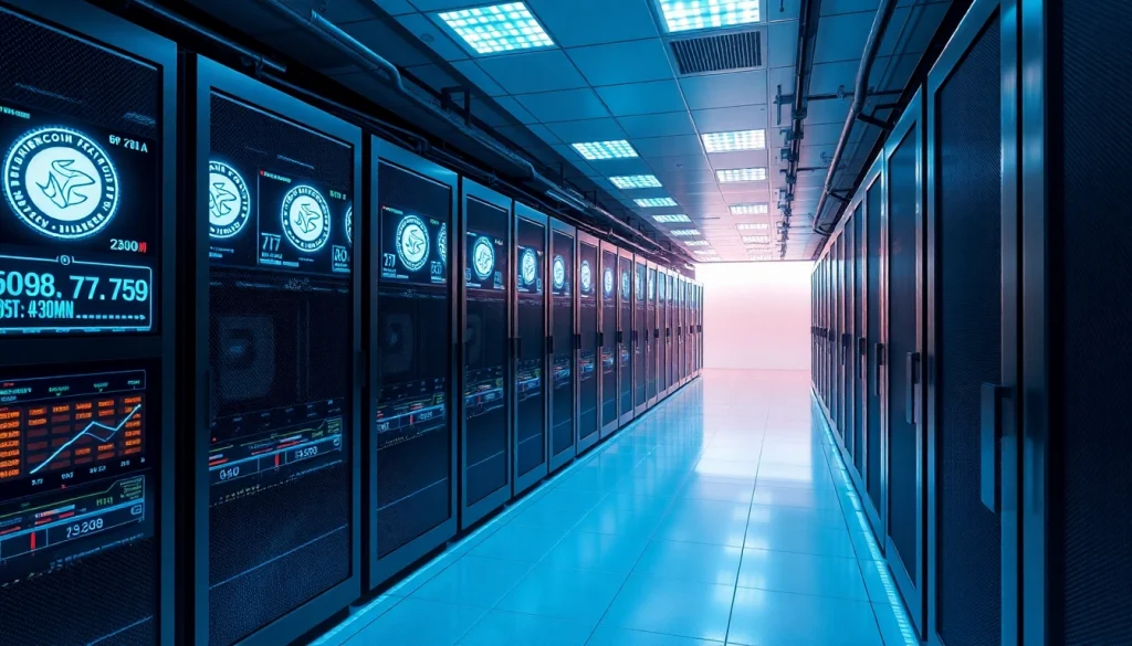 Advanced dogecoin cloud mining data center with high-tech servers and digital displays.