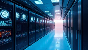 Advanced dogecoin cloud mining data center with high-tech servers and digital displays.