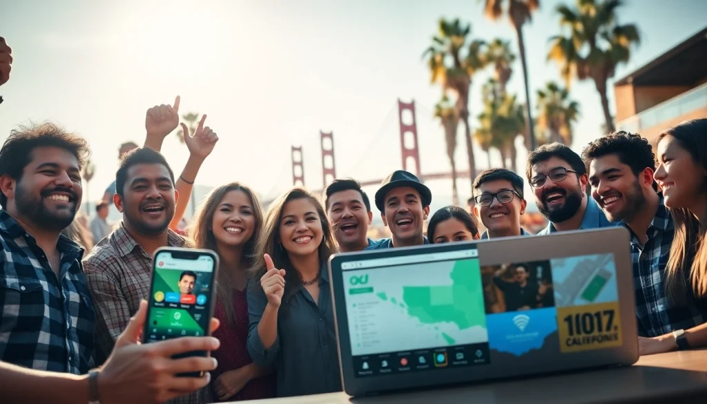 Excited bettors engaging with sportsbooks in California amid a lively backdrop of iconic landmarks.