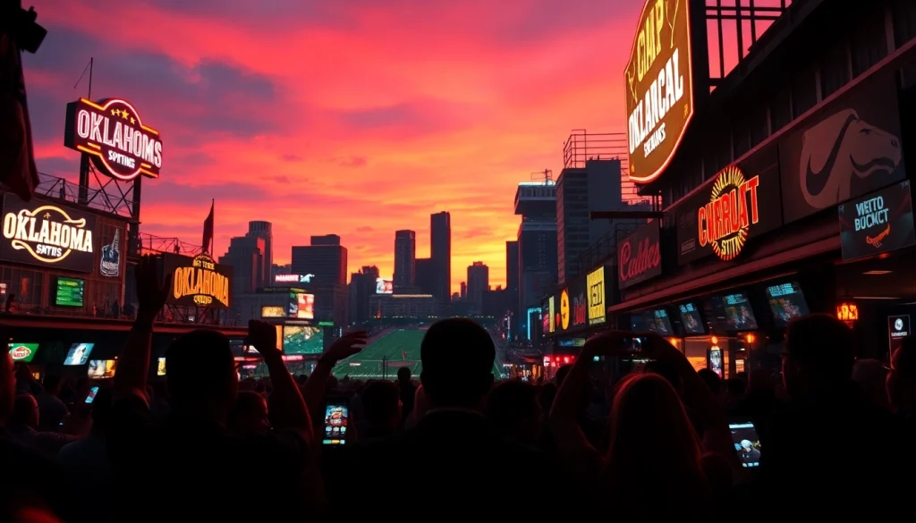 Discover the vibrant atmosphere of sportsbooks in Oklahoma with enthusiastic fans and a dynamic setting.