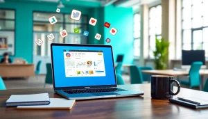 Showcase Instagram smm panel on a modern laptop in a vibrant digital marketing workspace.