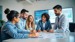 Analyzing competitor pricing strategies with a group of professionals in a modern office setting.