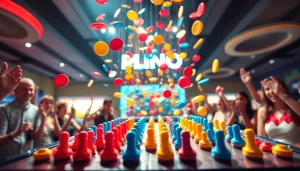 Permainan plinko demo yang penuh warna sedang berlangsung dengan banyak disk jatuh dan sorak-sorai penonton.