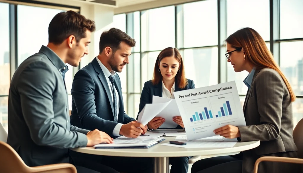 Engaging discussion on Pre and post award compliance strategies in a modern office setting.