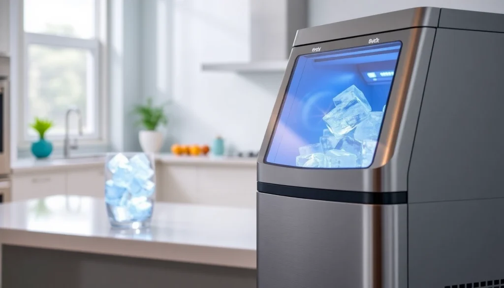 Showcasing an efficient ice maker unit producing clear ice cubes in a bright kitchen.