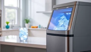 Showcasing an efficient ice maker unit producing clear ice cubes in a bright kitchen.