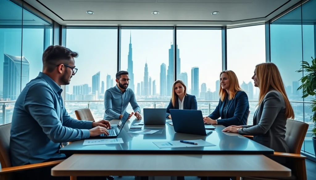 Engaged business consultants in Dubai discussing strategies in a professional office