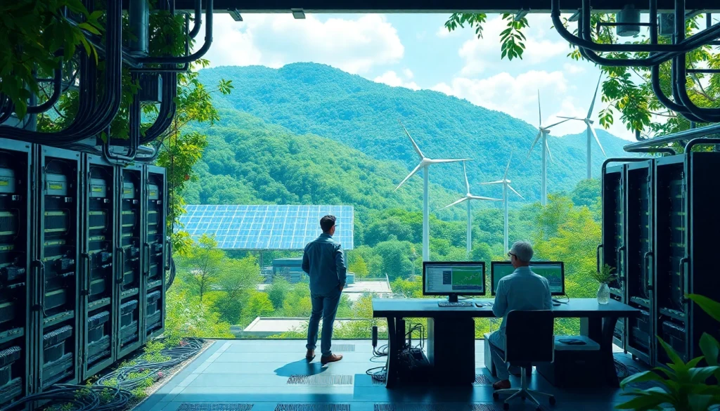 Visual of a high-tech crypto cloud mining facility powered by renewable energy, featuring advanced AI systems and eco-friendly technology.