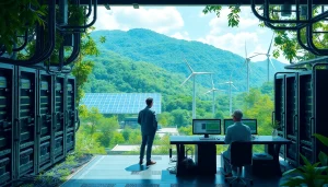 Visual of a high-tech crypto cloud mining facility powered by renewable energy, featuring advanced AI systems and eco-friendly technology.