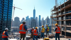 Collaborative team at a construction site representing New York General Contractor in vibrant urban setting.
