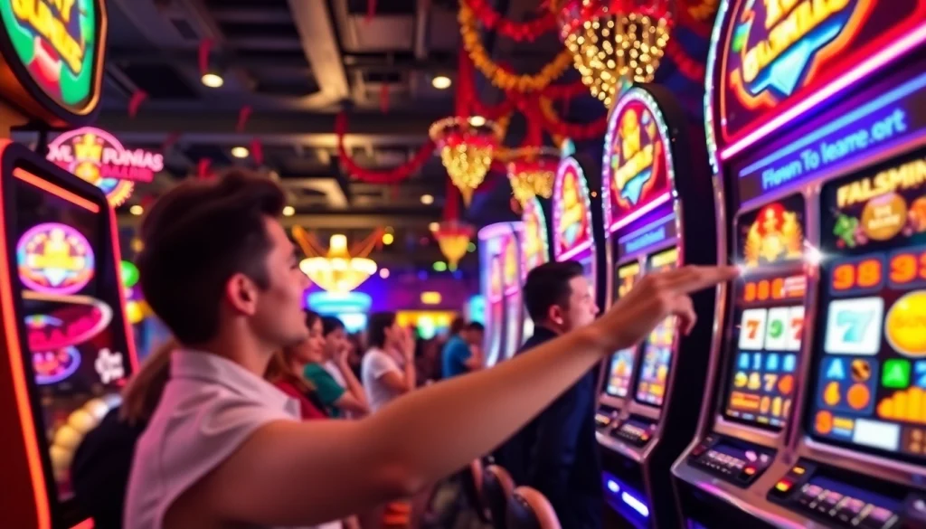 Bermain slot depo pulsa dengan antusiasme tinggi di ruangan kasino yang penuh warna dan cahaya.