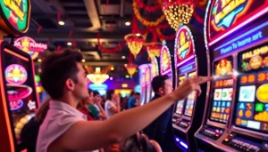 Bermain slot depo pulsa dengan antusiasme tinggi di ruangan kasino yang penuh warna dan cahaya.