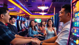 Situs kode4d gaming lounge with excited players and vibrant atmosphere.