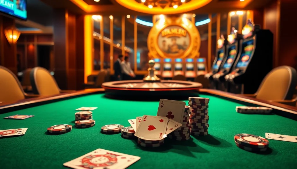 Engaging scene of MK8 casino with vibrant poker chips, and a roulette wheel in a luxurious settings.