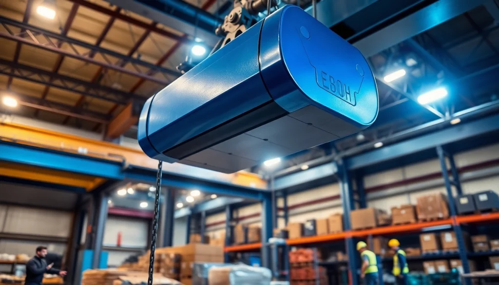 Electric chain hoist crane efficiently lifting materials in a professional industrial setting
