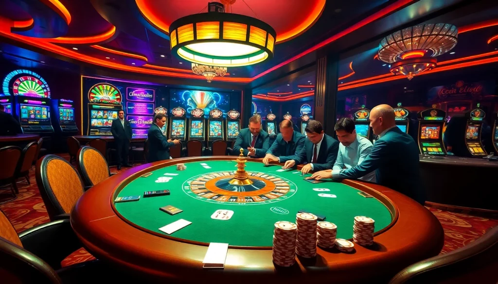 Trải nghiệm cược đầy hồi hộp với CG 79 tại bàn poker sang trọng giữa những máy đánh bạc sinh động.