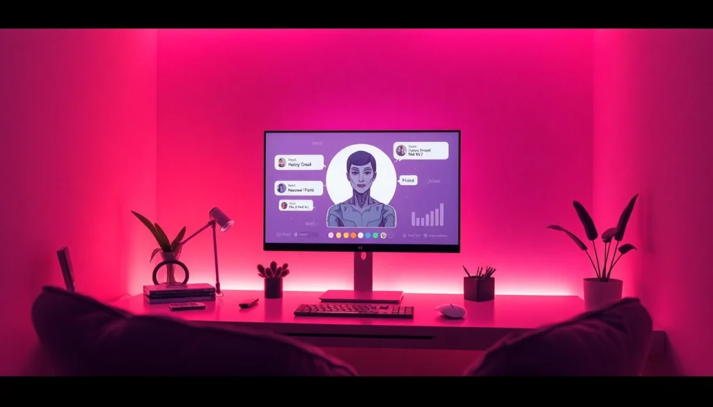 Engaging NSFW AI chat in a cozy, futuristic digital environment with a sleek interface.